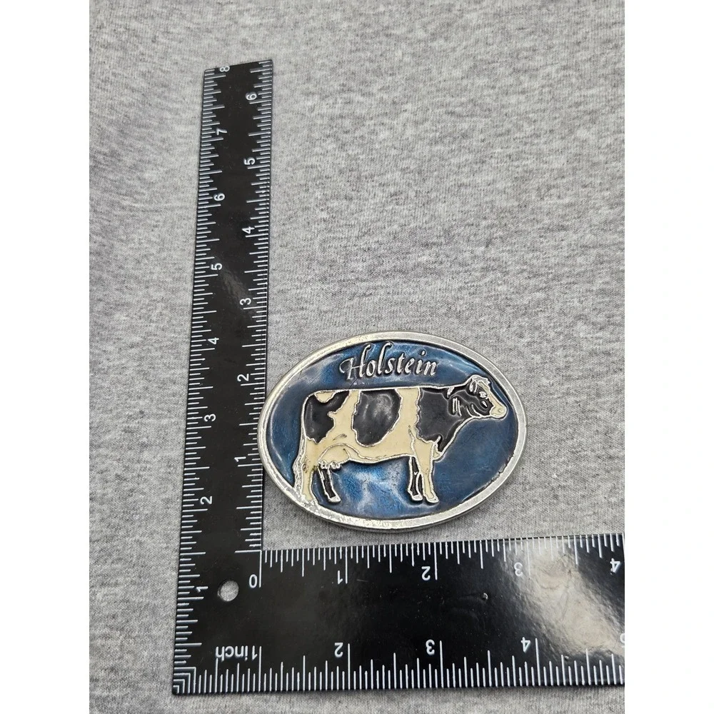 Vintage Holstein Cattle Farmer Cow Blue Black White Enamel Belt Buckle Farm